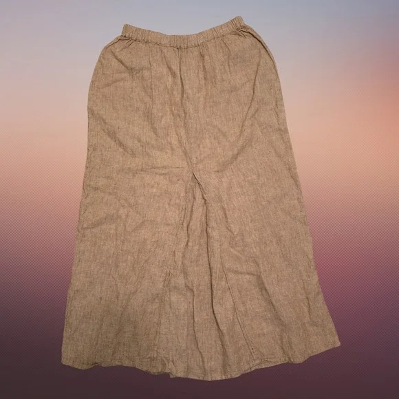 FLAX by Jeanne Engelhart Tan 100% Linen Maxi Skirt Elastic Waist Womens M Boho - Picture 3 of 10
